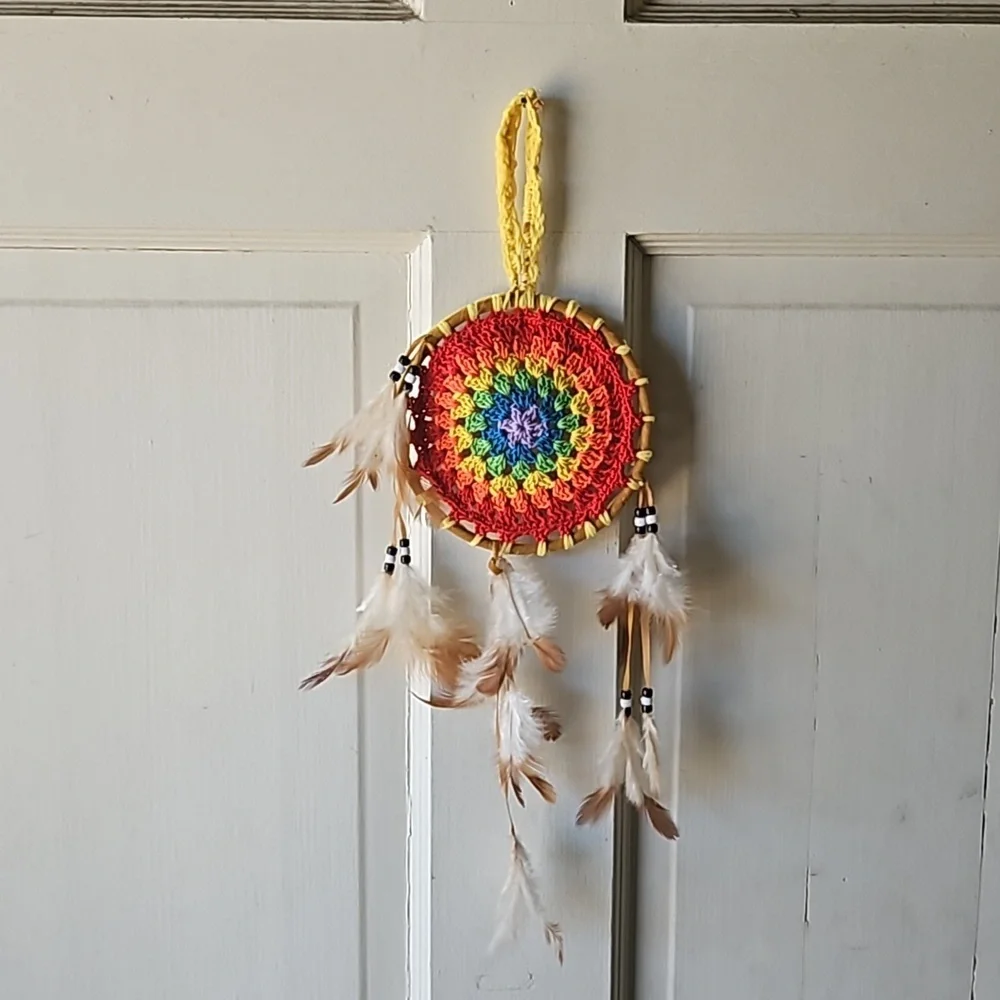 Hand Crafted crochet dream catcher rainbow colors textile art handmade holiday